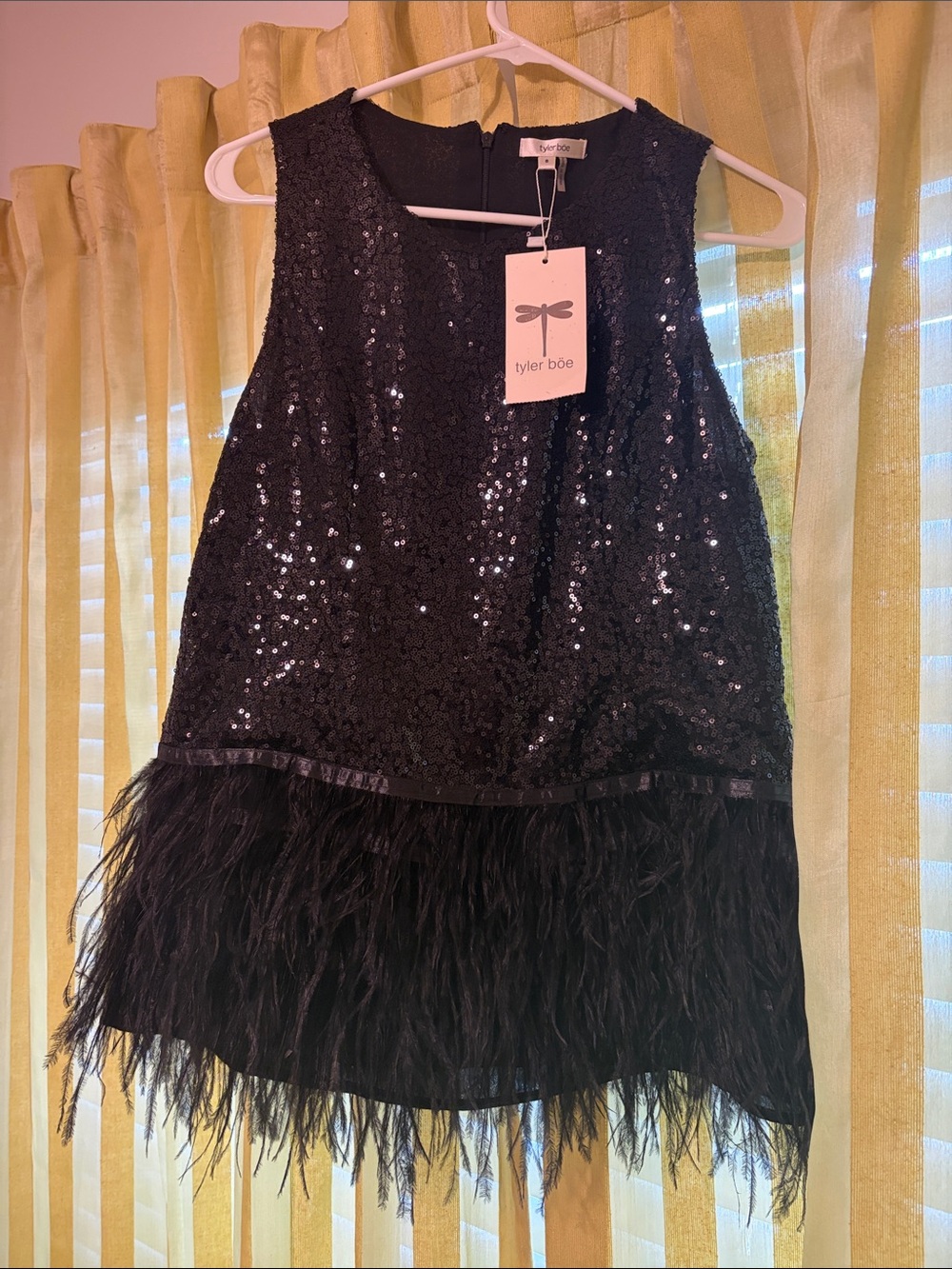 Tyler Boe Black Sequin Top with Feather Hem (New with Tags)